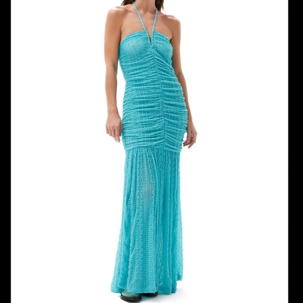 Ganni Blue Ruched Halter Gown